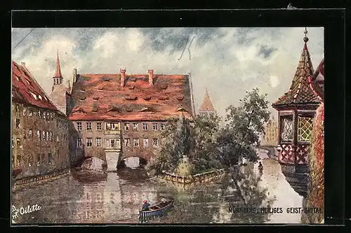 Künstler-AK Charles F. Flower: Nürnberg, Heiliges Geist-Spital mit Boot