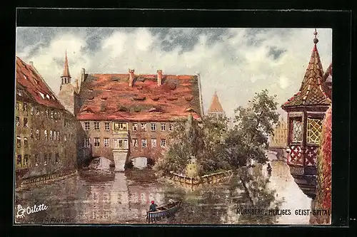 Künstler-AK Charles F. Flower: Nürnberg, Heiliges Geist-Spital mit Boot