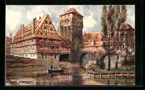 Künstler-AK Charles F. Flower: Nürnberg, Henkersteg mit Boot