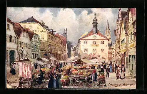 Künstler-AK Charles F. Flower: Bad Kissingen, Geschäft von Otto Lindner am Marktplatz