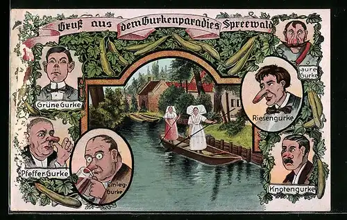 Künstler-AK Gurkennasen aus dem Spreewald mit Spreewälderinnen in Tracht im Kahn