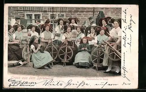 AK Burg, Spreewälderinnen in der Spinnstube, Spreewälder Tracht