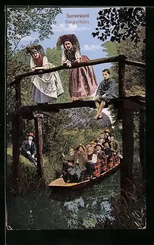 AK Spreewälder im Kahn bei einer Sängerfahrt