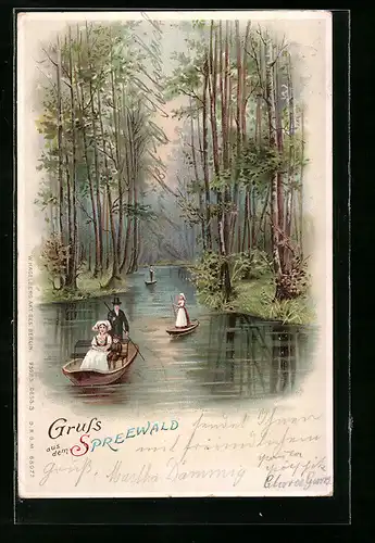 Lithographie Spreewälder in Tracht beim Kahnfahren