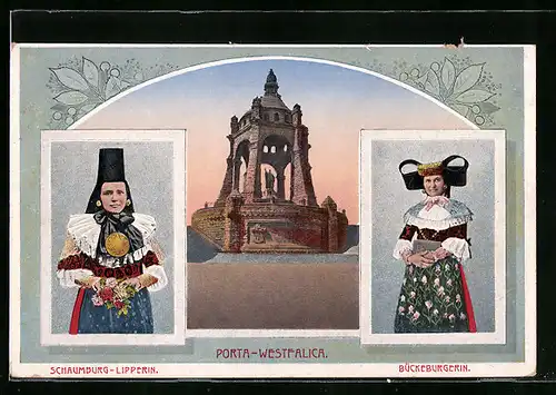 AK Frauen in Trachten aus Bückeburg und Schaumburg-Lippe, Kaiser Wilhelm-Denkmal