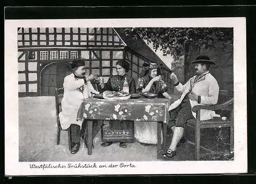 AK Bauern in Schaumburg-Lippe`scher Landestrachten beim Westfälischen Frühstück an der Porta