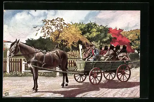 Künstler-AK Herrschaften in einer Pferdekutsche in Trachten aus der Umgebung von Minden und Porta