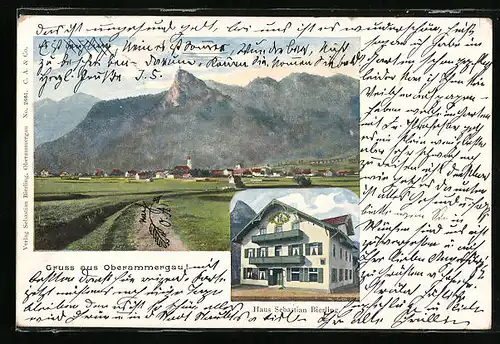 AK Oberammergau, Panorama vor Berggipfel, Haus Sebastian Bierling