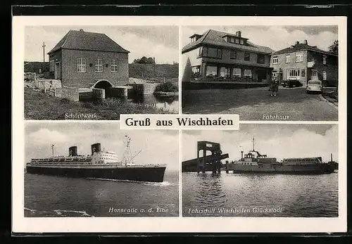 AK Wischhafen, Fährhaus, Schöpfwerk, Schiff Hanseatic auf der Elbe, Fährschiff
