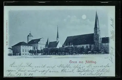 Mondschein-AK Altötting, Ortspartie mit Kirchen