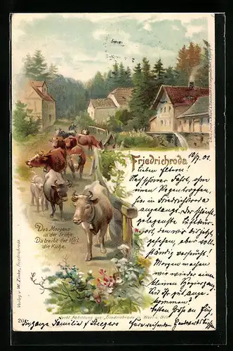 Lithographie Friedrichroda, Viehtrieb auf der Dorfstrasse