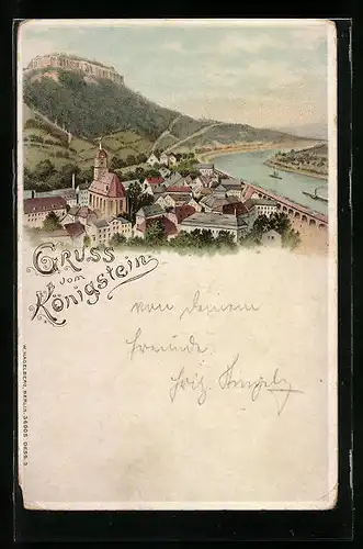 Lithographie Königstein /Elbe, Gesamtansicht der Ortschaft mit Elbe