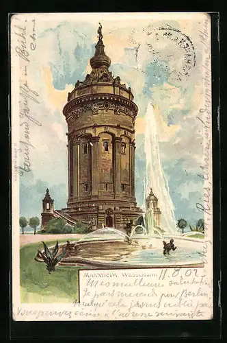 Lithographie Mannheim, Wasserturm, Springbrunnen