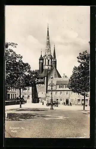 AK Burgstädt i. Sa., Bäckerei Richard Wetzig am Markt, Kirche