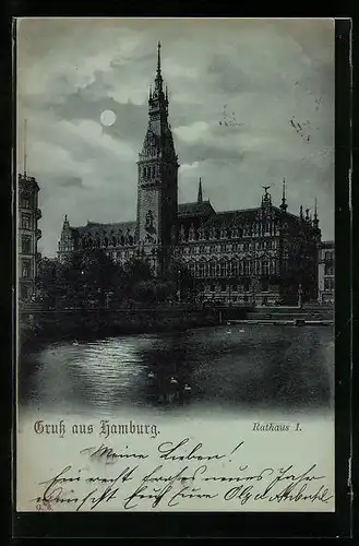 Mondschein-AK Hamburg, Rathaus I. im Mondlicht