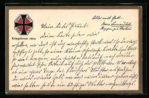 Präge-AK Wohlfahrts-Postkarte, Gott mit Uns, Eisernes Kreuz, Kriegskreuz 1914