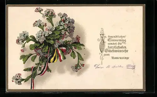 Künstler-AK Glückwunsch zum Namenstage, Blumenstrauss mit Dreibundfahnen