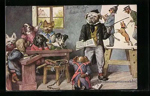 Künstler-AK Anschauungsunterricht, Hunde in der Schule, vermenschlichte Tiere