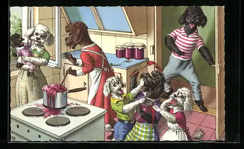 Künstler-AK Pudelkinder zanken sich um eingekochte Marmelade, vermenschlichte Tiere