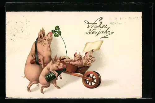 Künstler-AK Frohes Neujahr, Schweine mit Glücksbringern, vermenschlichte Tiere