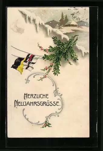 Präge-AK Winterliche Landschaft mit Tannenzweig u. Flaggen, Neujahrsgruss