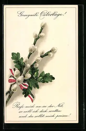 Präge-AK Kätzchenzweig mit Fahnenband, Ostergruss