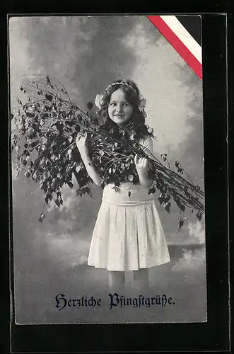 AK Junges Mädchen mit Zweigen, Pfingstgruss