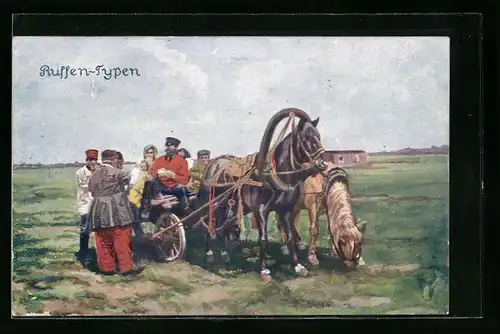 AK Russische Typen an einer Pferdekutsche auf dem Feld