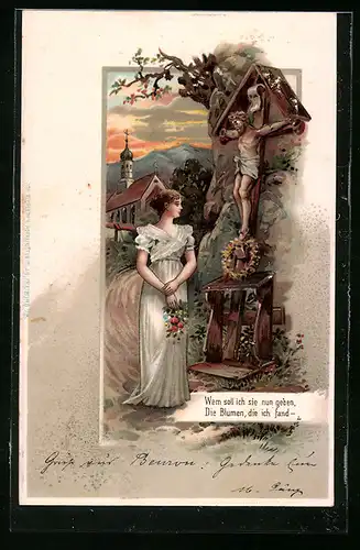 Präge-Lithographie Dame am Flurkreuz mit Kirche