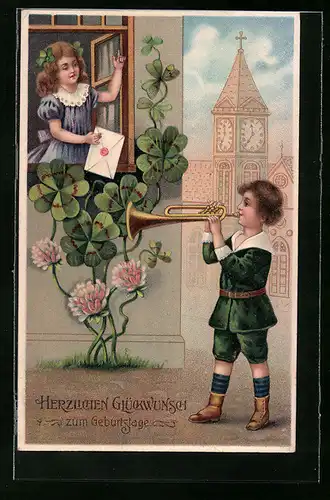Präge-AK Junge spielt Trompete, Mädchen mit Brief, Blasinstrument