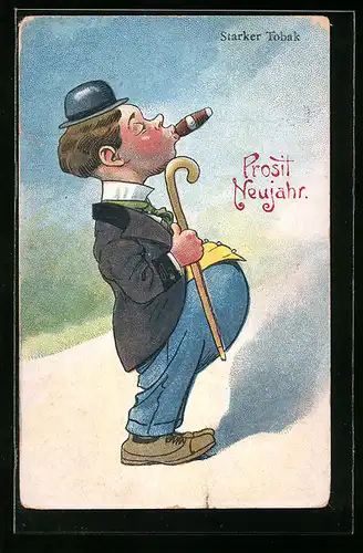 Künstler-AK Starker Tobak, Prost Neujahr, Herr mit Zigarre, Scherz