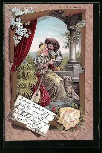 Lithographie Neujahresgruss, der Mann umarmt die Frau auf der Terrasse, mit Laute und Hund, Behüt Dich Gott!
