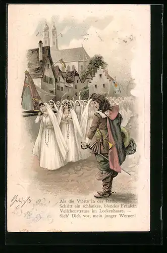 Präge-Lithographie Als die Vierte in der Reihe schritt ein schlankes, blondes Fräulein..., Trompeter, Behüt Dich Gott!