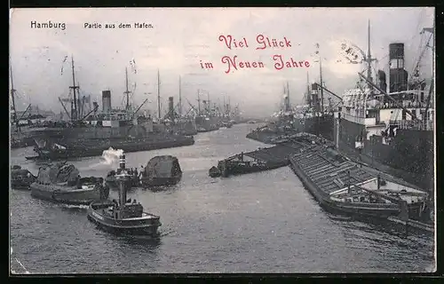 AK Hamburg, Partie aus dem Hafen, Viel Glück im neuen Jahre