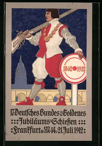 AK Frankfurt / Main, 17. Deutsches Bundes- und Goldenes Jubiläums-Schiessen 1912, Mann mit Gewehr und Zielscheibe