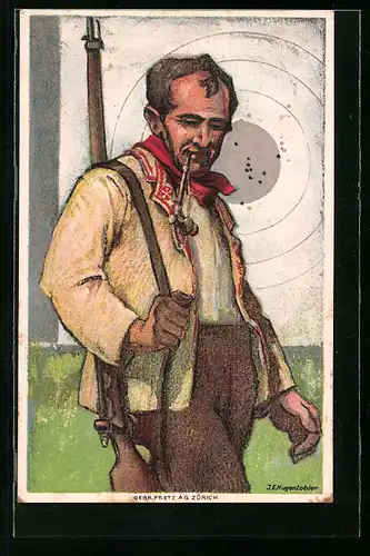 Künstler-AK Schütze mit Tabakpfeife und Gewehr vor Zielscheibe, Schweizerischer Schützenverein, 1824-1924