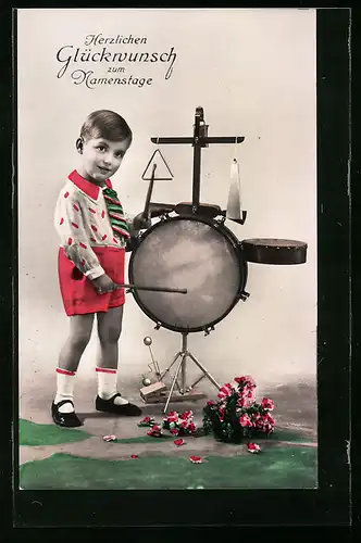 AK Junge mit Trommel, Glückwunsch zum Namenstag