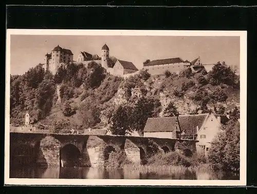 AK Harburg a. d. Wörnitz, Uferpartie mit Burg, Ganzsache WHW Winterhilfswerk 1934-35