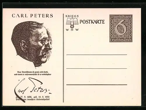 AK Carl Peters, 1856-1918, Das Deutschtum ist gross und stark..., , Ganzsache WHW Winterhilfswerk