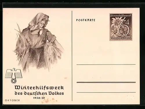 AK Frau mit Kopftuch, , Ganzsache WHW Winterhilfswerk 1938-39