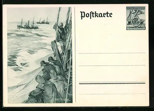 AK Fischer auf einem Boot, Ganzsache WHW Winterhilfswerk