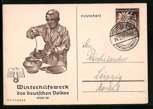 AK Frau tut Suppe auf, , Ganzsache WHW Winterhilfswerk 1938-39