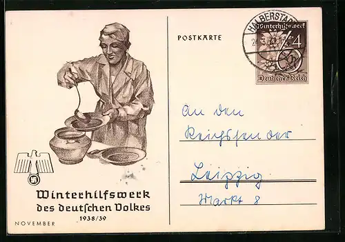 AK Frau tut Suppe auf, , Ganzsache WHW Winterhilfswerk 1938-39