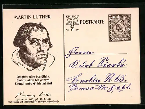 AK Martin Luther, 1483-1546, Ich suche nicht das Meine..., , Ganzsache WHW Winterhilfswerk