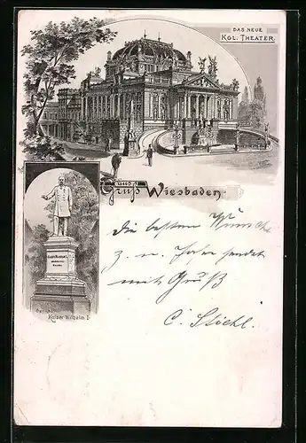 Lithographie Wiesbaden, Königliches Theater und Denkmal Kaiser Wilhelm I.