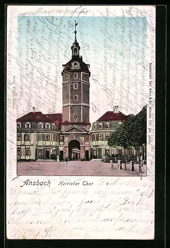 AK Ansbach, Herrieder Tor mit leuchtenden Fenstern