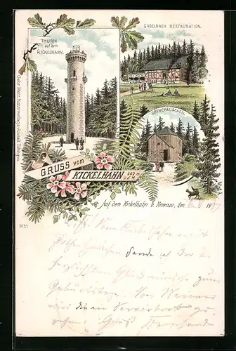 Lithographie Ilmenau, Gasthaus Kickelhahn / Gabelbach Restauration, Thurm, Göthehäuschen