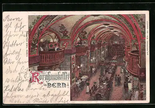 Künstler-AK Bern, Kornhauskeller mit Gästen