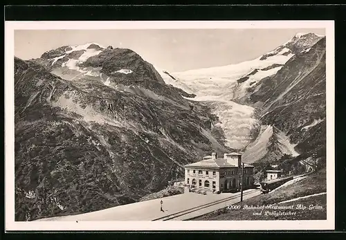 AK Alp Grüm, Bahnhof-Restaurant mit Palügletscher