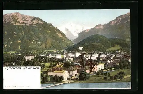 AK Interlaken, Blick auf Ortschaft mit Jungfrau